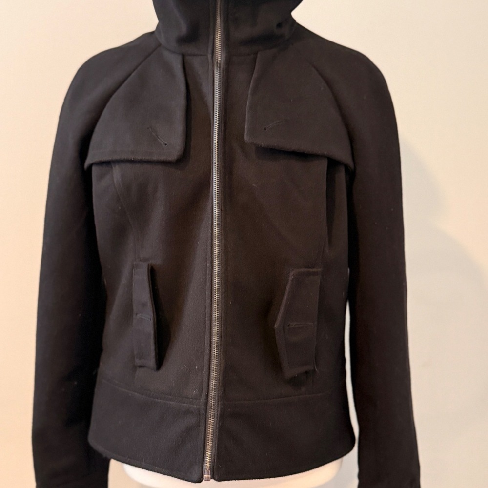 Black Wool Sugarfly Zip Front Jacket Fold Over Collar Utility Pockets - Picture 10 of 16